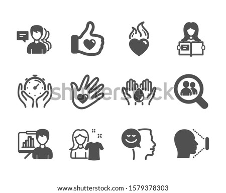 Set of People icons, such as Timer, Social responsibility, Heart flame, Good mood, Like hand, Woman read, Clean shirt, People, Presentation board, Face id, Search employees, Wash hands. Vector