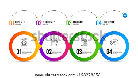 Reject file, Seo shopping and Washing machine line icons set. Timeline infographic. Text message sign. Decline agreement, Analytics, Laundry service. Chat bubble. Technology set. Vector