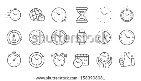 Time and clock line icons. Timer, Alarm and Smartwatch. Time management, 24 hour clock, deadline alarm icons. Sand hourglass, smartwatch, timer stopwatch. Linear set. Quality line set. Vector