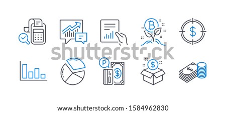 Set of Finance icons, such as Post package, Document, Dollar target, Bitcoin project, Histogram, Accounting, Pie chart, Parking payment, Bill accounting, Savings line icons. Vector
