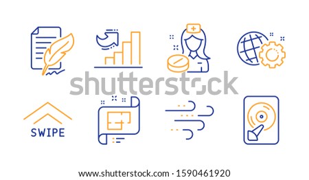 Growth chart, Windy weather and Nurse line icons set. Seo gear, Feather signature and Architectural plan signs. Swipe up, Hdd symbols. Diagram graph, Wind. Science set. Line growth chart icon. Vector