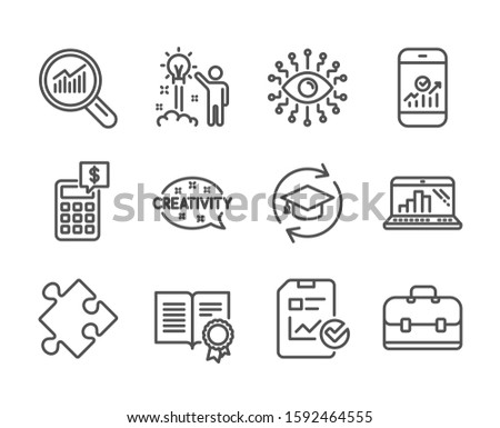 Set of Education icons, such as Graph laptop, Data analysis, Smartphone statistics, Artificial intelligence, Creativity, Portfolio, Calculator, Strategy, Continuing education, Diploma. Vector