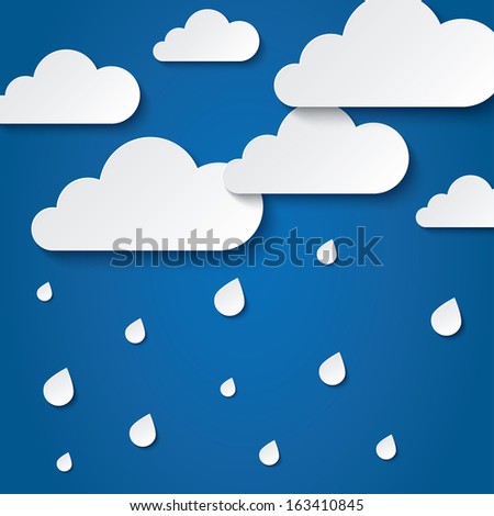 Paper White Clouds On Blue Background. Paper Raindrops. Rainy Day ...