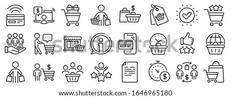 Contactless payment card, shopping cart and group of people. Buyer customer line icons. Store, buyer loyalty card, client ranking set icons. Shopping timer, phone payment, currency. Vector