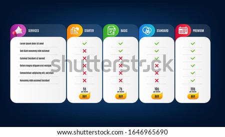 Approved agreement, Decreasing graph and Calendar icons simple set. Price list, pricing table. Euler diagram sign. Signature document, Column chart, Business audit. Relationships chart. Vector