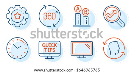 360 degrees, Ab testing and Face id signs. Monitor, Time and Web tutorials line icons set. Settings gear, Analytics symbols. Computer component, Clock. Science set. Outline icons set. Vector