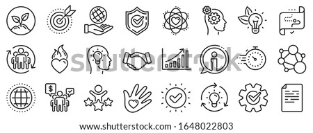 Integrity, Target purpose and Strategy. Core values line icons. Trust handshake, social responsibility, commitment goal icons. Growth chart, innovation, core values network. Vector