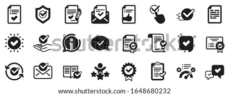 Set of Check List, Certificate and Award medal. Approve icons. Certified document, Accepted approve and Confirm mail icons. Guarantee certificate, Check mark and agreement signs. Vector