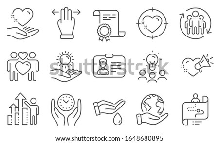 Set of People icons, such as Multitasking gesture, Heart target. Diploma, ideas, save planet. Identification card, Sun protection, Love couple. Wash hands, Safe time, Journey path. Vector