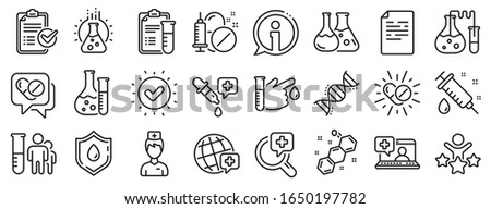 Drug testing, scientific discovery and disease prevention signs. Medical healthcare, doctor line icons. Chemical formula, medical doctor research, chemistry testing lab icons. Vector