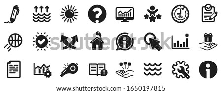 Customisation, Global warming and Question mark signs. Whistle, Waves and Sun icons. Signature Rfp, Information and Efficacy icons. Waves, Consolidation and Operational excellence. Vector