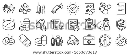 Healthcare, Prescription and Pill signs. Medical drugs line icons. Pharmacy drugs, medical nurse, recipe pill icons. Antibiotic capsule, syringe vaccination, medicine cure. Vector