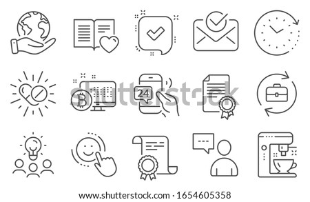 Set of Business icons, such as Users chat, 24h service. Diploma, ideas, save planet. Coffee maker, Confirmed, Certificate. Human resources, Love book, Smile. Vector
