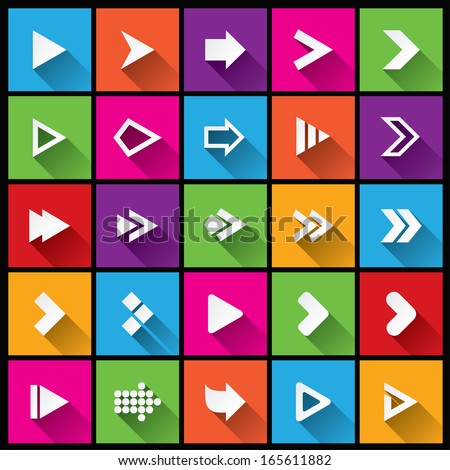 Arrow sign icon set. Simple square shape buttons. Flat icons for Web and Mobile App. 25 metro style buttons. Cut from paper.