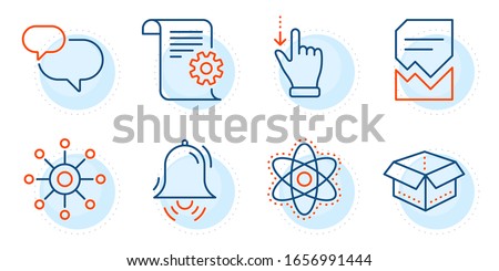 Chemistry atom, Multichannel and Chat message signs. Clock bell, Corrupted file and Technical documentation line icons set. Open box, Touchscreen gesture symbols. Alarm, Damaged document. Vector