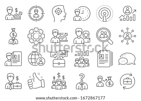 Human Resources, head hunting line icons. Business networking contract, Job Interview and Head Hunting contract icons. CV, Teamwork and Portfolio symbols. Business career, human, interview.