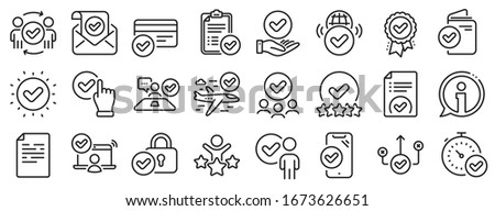 Interviewed, accepted document, right choice. Approve line icons. Quality check, protection, checklist icons. Guarantee document, accepted card, approve verification. Flight confirmed. Vector