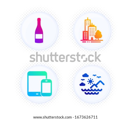 Mobile devices, Skyscraper buildings and Champagne bottle icons simple set. Button with halftone dots. Sea mountains sign. Smartphone with tablet, Town architecture, Anniversary alcohol. Vector