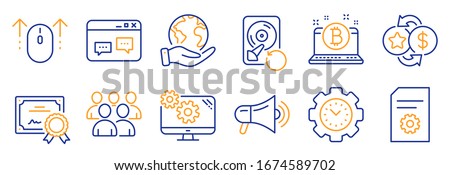 Set of Technology icons, such as Settings, File settings. Certificate, save planet. Megaphone, Group, Browser window. Time management, Recovery hdd, Swipe up. Vector