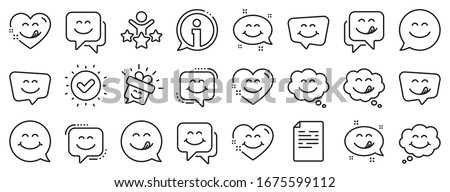 Emoticon speech bubble, social media message, smile with tongue. Yummy smile line icons. Tasty food eating emoji face icons. Delicious yummy speech bubble, happy emoticon. Vector