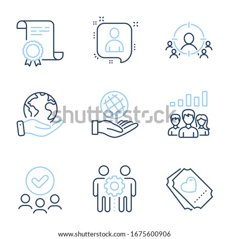 Business targeting, Employees teamwork and Safe planet line icons set. Diploma certificate, save planet, group of people. Developers chat, Teamwork results and Love ticket signs. Vector