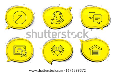 Parking garage sign. Diploma certificate, save planet chat bubbles. Direction, Dots message and Hold heart line icons set. Navigation pointer, Chat bubble, Care love. Car place. Vector
