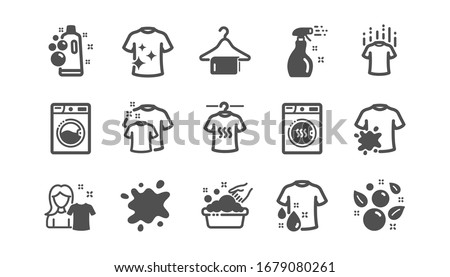 Laundry icons. Dryer, Washing machine and dirt shirt. Laundromat, hand washing, laundry service icons. Classic set. Quality set.