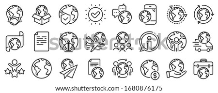 Global law, translate language, Outsource business. World business line icons. International organization, financial transactions, world map icons. Delivery service, global outsource. Vector