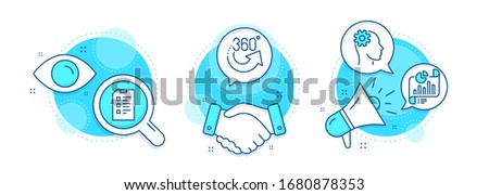 Checklist, 360 degrees and Report document line icons set. Handshake deal, research and promotion complex icons. Engineering sign. Data list, Full rotation, Growth chart. Cogwheel head. Vector