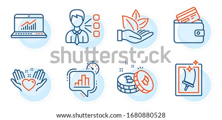 Bitcoin, Debit card and Online statistics signs. Hold heart, Statistics timer and Third party line icons set. Window cleaning, Organic product symbols. Friendship, Growth chart. Business set. Vector
