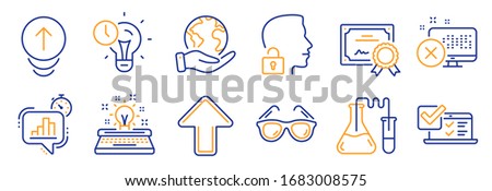 Set of Business icons, such as Chemistry lab, Typewriter. Certificate, save planet. Reject access, Unlock system, Sunglasses. Swipe up, Statistics timer, Time management. Vector
