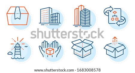 Send box, Buildings and Lighthouse signs. Technical algorithm, Skyscraper buildings and Open box line icons set. Project doc, Town architecture. Industrial set. Outline icons set. Vector