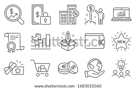 Set of Finance icons, such as Private payment, Online statistics. Diploma, ideas, save planet. Income money, Loan house, Startup. Loyalty gift, Growth chart, Money wallet. Vector