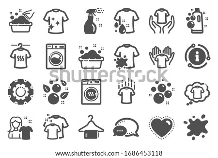 Laundry icons. Dryer, Washing machine and dirt shirt. Laundromat, hand washing, soap bubbles in basin icons. Dry t-shirt, laundry service, dirty smudge spot. Clean clothes. Quality set.