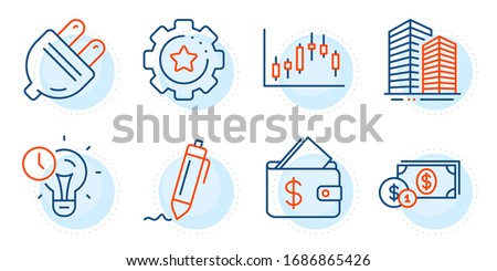 Settings gear, Wallet and Skyscraper buildings signs. Electric plug, Candlestick graph and Dollar money line icons set. Time management, Signature symbols. Energy, Finance chart. Vector