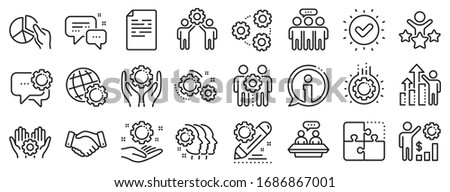 Business strategy, handshake and people collaboration. Employees benefits line icons. Teamwork, social responsibility, people relationship icons. Growth chart, employees benefits. Vector