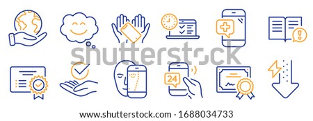 Set of Business icons, such as Medical phone, Certificate. Certificate, save planet. Smile chat, Facts, Energy drops. Approved, Smartphone holding, 24h service. Vector