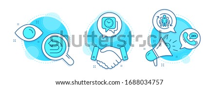Undo, Clock and Teamwork line icons set. Handshake deal, research and promotion complex icons. 24h service sign. Left turn, Time, Employees change. Call support. Technology set. Vector