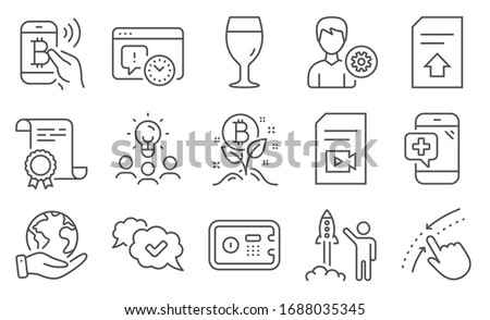 Set of Business icons, such as Support, Launch project. Diploma, ideas, save planet. Video file, Bitcoin project, Bitcoin pay. Upload file, Safe box, Swipe up. Vector