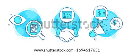 Seo statistics, Washing machine and Dollar wallet line icons set. Handshake deal, research and promotion complex icons. Idea sign. Analytics chart, Laundry service, Cash money. Vector