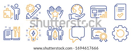 Set of Education icons, such as Approved checklist, Recovery gear. Certificate, save planet. Inspiration, Partnership, Web report. Recipe book, Ranking, Project edit. Vector