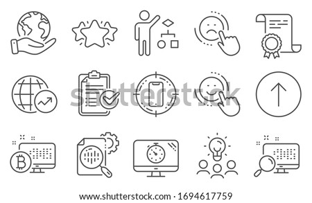 Set of Technology icons, such as Star, Seo timer. Diploma, ideas, save planet. Smile, Seo stats, Survey checklist. Smartphone target, Swipe up, World statistics. Vector