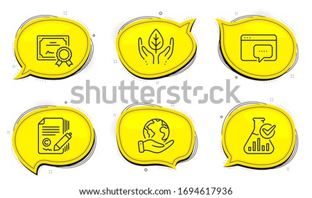 Ð¡opyright signature, Support chat, Laboratory flask signs. Diploma certificate, save planet chat bubbles. Copywriting, Seo message and Chemistry lab line icons set. Outline icons set. Vector