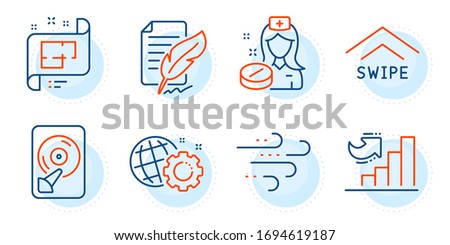 Seo gear, Feather signature and Architectural plan signs. Growth chart, Windy weather and Nurse line icons set. Swipe up, Hdd symbols. Diagram graph, Wind. Science set. Outline icons set. Vector