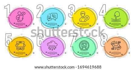 E-mail, Bus and Cloud storage signs. Timeline steps infographic. Elastic, 24h service and Remove account line icons set. Metro subway, Customer survey symbols. Resilience, Call support. Vector