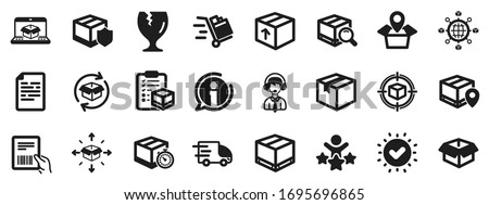Set of Truck Delivery, Box and Checklist icons. Logistics, Shipping document icons. Parcel tracking shipping, World trade logistics. Location pin, Goods parcel insurance and document. Vector