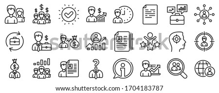 Business networking contract, Job Interview and Head Hunting contract icons. Human Resources, head hunting line icons. CV, Teamwork and Portfolio symbols. Business career, human, interview. Vector