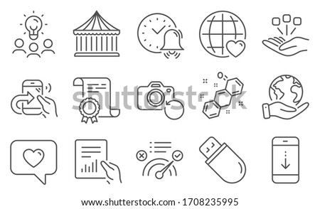 Set of Technology icons, such as Usb stick, Scroll down. Diploma, ideas, save planet. Share call, Consolidation, Alarm bell. Carousels, Love message, Correct answer. Vector
