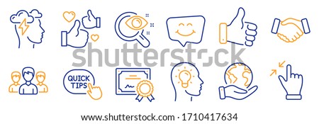 Set of People icons, such as Smile chat, Like hand. Certificate, save planet. Idea head, Quick tips, Touchscreen gesture. Group, Mindfulness stress, Vision test. Like, Handshake line icons. Vector