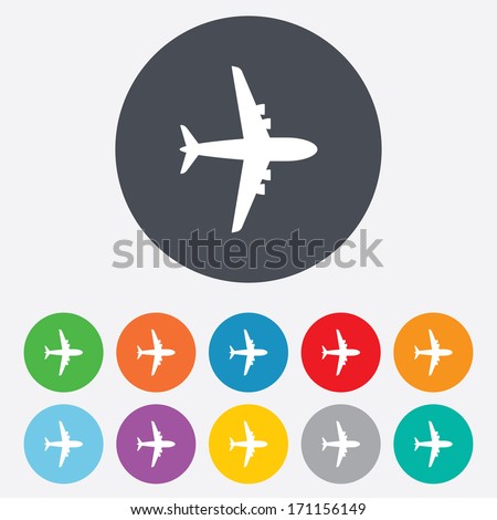Airplane sign. Plane symbol. Travel icon. Flight flat label. Round colourful 11 buttons. Vector